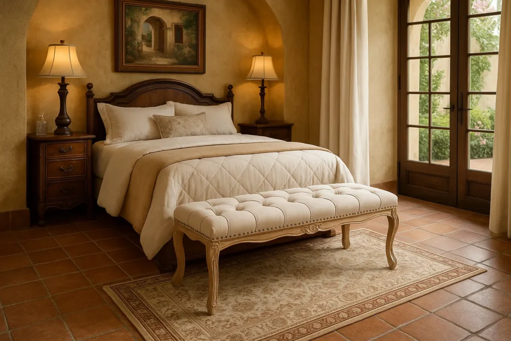 French Vintage Tufted Bench Classic Elegance for Mediterranean Bedrooms - Mediterranean Spanish Style Bedroom Ideas