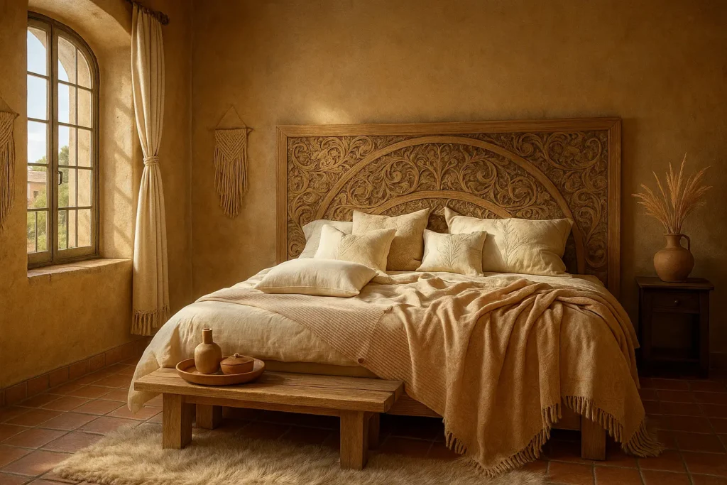 Hand-Carved Teak Wood Headboard: Art Meets Function -Mediterranean Spanish Style Bedroom Ideas