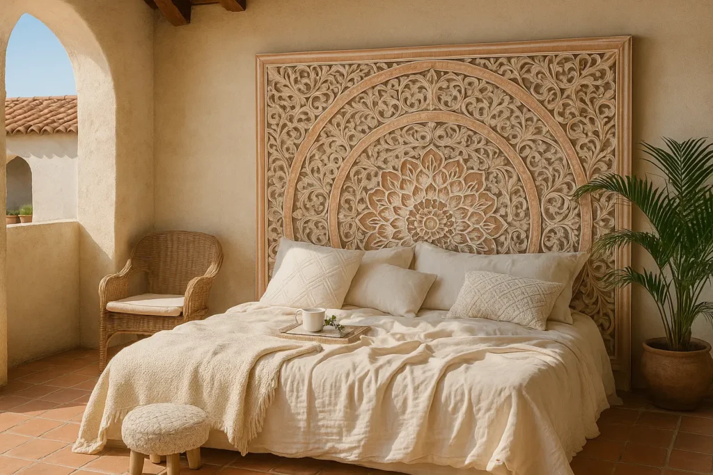 Manusa Antic Carved Headboard: Rustic Elegance, Handmade in Bali - Mediterranean Spanish Style Bedroom Ideas