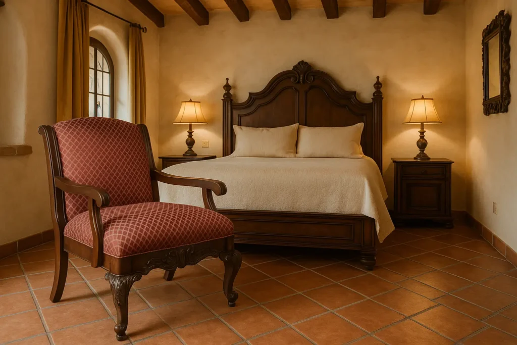 Red Safari Magenta Arm Chair: Bold Elegance with Mediterranean Flair - Mediterranean Spanish Style Bedroom Ideas