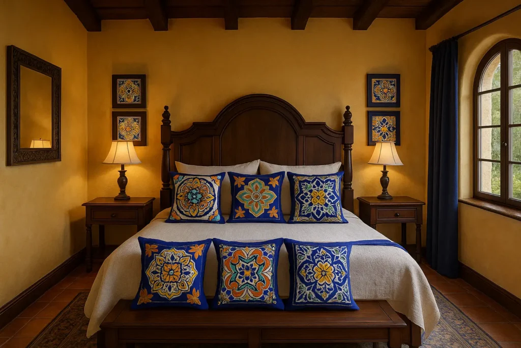 Set of 4 Linen Throw Pillow Covers – Spanish Talavera Style (16x16”) - Mediterranean Spanish Style Bedroom Ideas