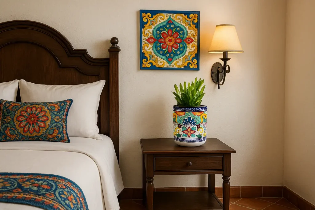 Talavera-Inspired Boho Self-Watering Planter with Stand - Mediterranean Spanish Style Bedroom Ideas