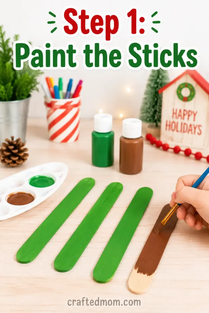 Easy Christmas Popsicle stick tree craft for kids Easy Christmas Popsicle stick tree craft for kids - Step 1: Paint the Sticks