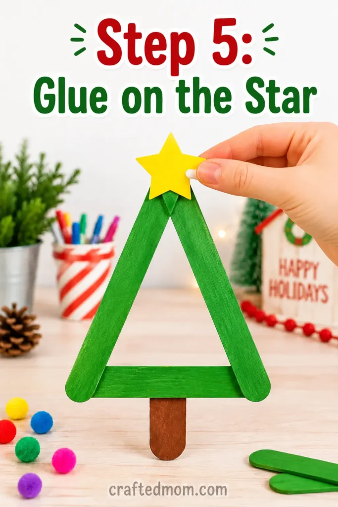 Easy Christmas Popsicle stick tree craft for kids Easy Christmas Popsicle stick tree craft for kids - Step 5: Glue on the Star