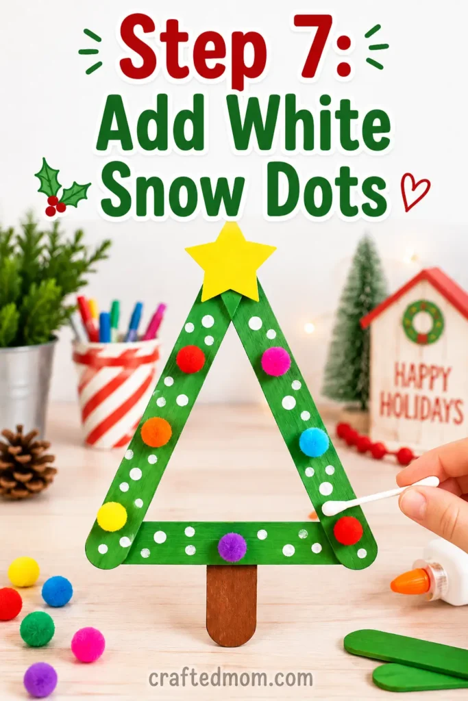 Easy Christmas Popsicle stick tree craft for kids Easy Christmas Popsicle stick tree craft for kids - Step 7: Add White Snow Dots