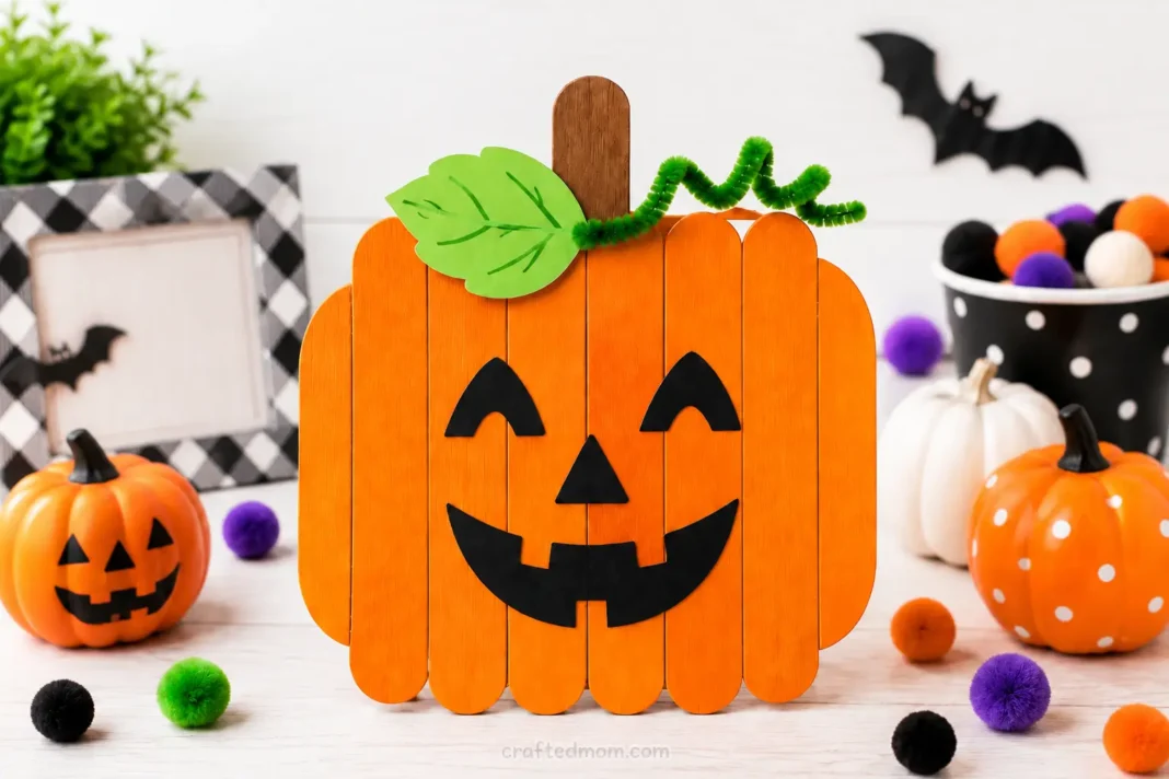 Easy Halloween popsicle stick pumpkin craft for kids cover