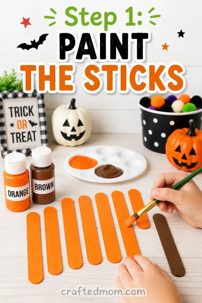 Easy Halloween popsicle stick pumpkin craft for kids - Step 1: Paint the Sticks