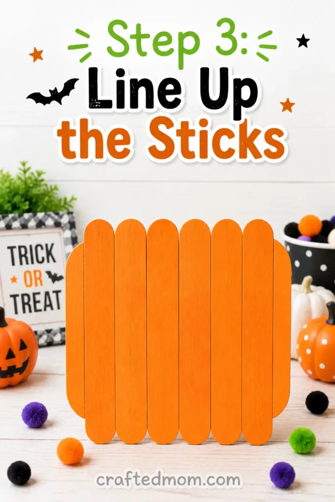 Easy Halloween popsicle stick pumpkin craft for kids - Step 3: Line Up the Sticks