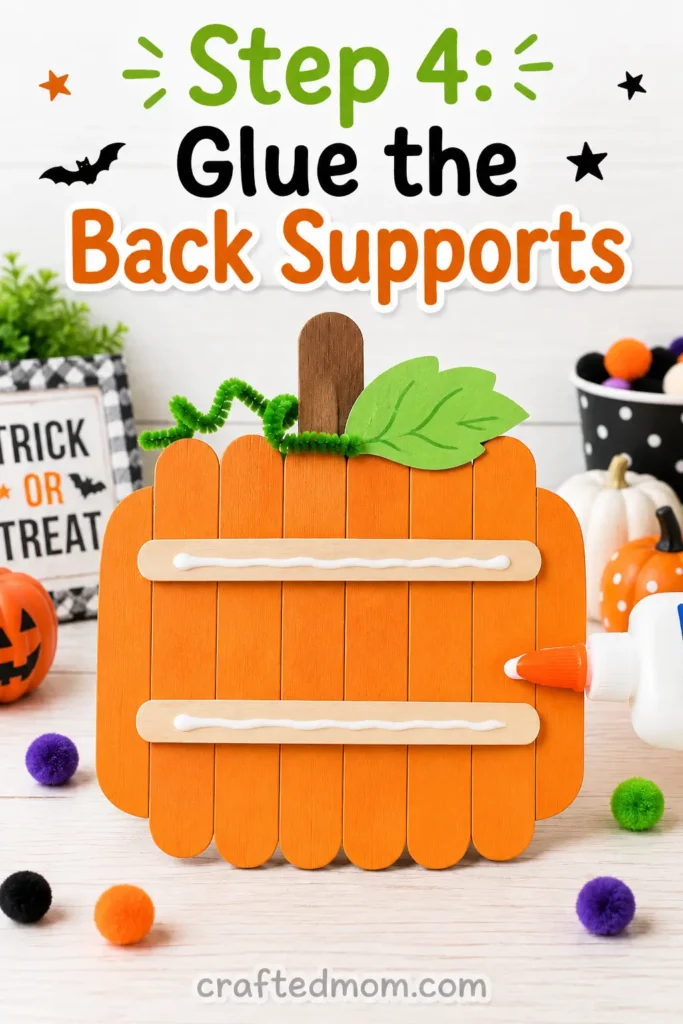 Easy Halloween popsicle stick pumpkin craft for kids - Step 4: Glue the Back Supports