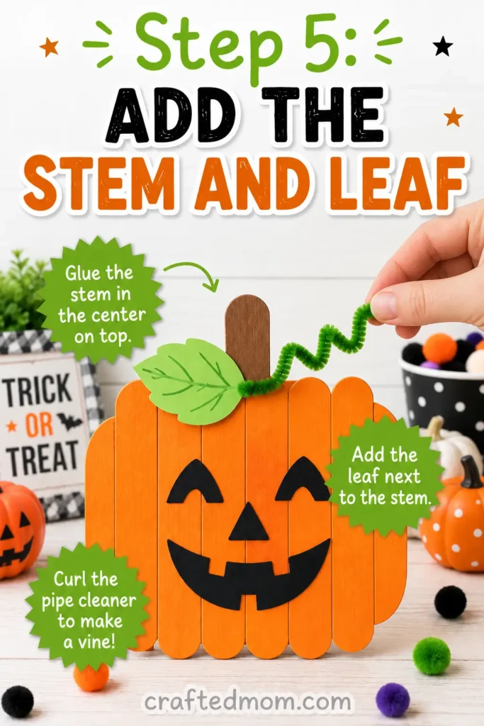 Easy Halloween popsicle stick pumpkin craft for kids - Step 5: Add the Stem and Leaf