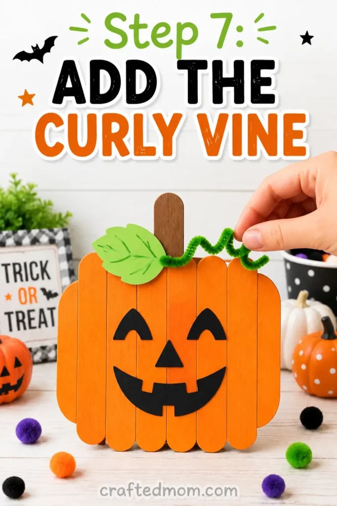 Easy Halloween popsicle stick pumpkin craft for kids - Step 7: Add the Curly Vine