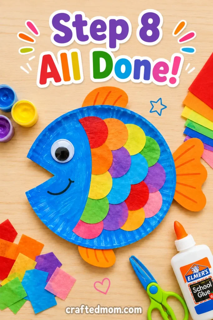 Easy Toddler paper plate rainbow fish craft - Step 8: All Done