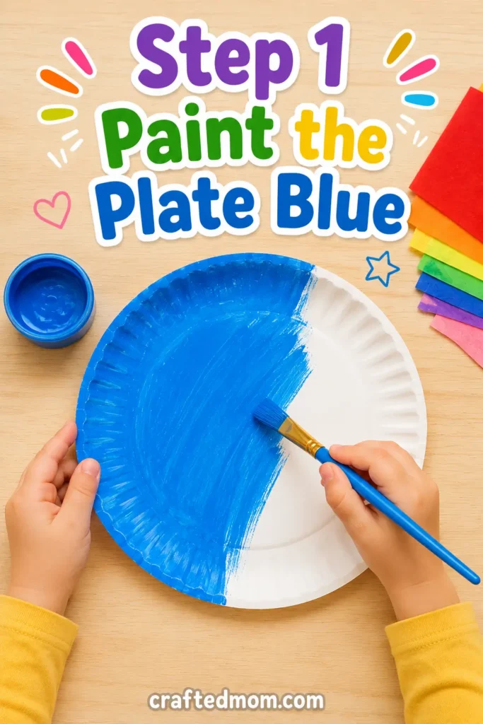 Easy Toddler paper plate rainbow fish craft - Step 1: Paint the Plate Blue