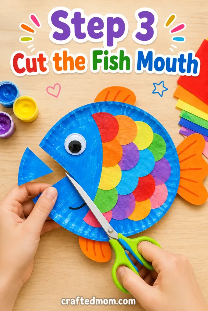 Easy Toddler paper plate rainbow fish craft - Step 3: Cut the Fish Mouth