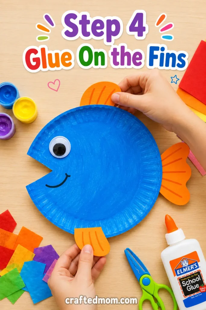 Easy Toddler paper plate rainbow fish craft - Step 4: Glue On the Fins