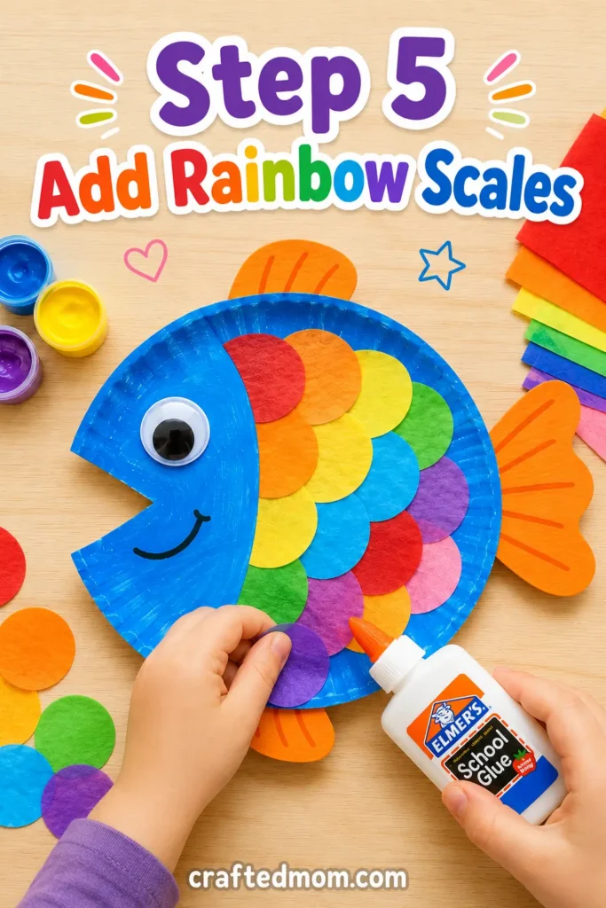 Easy Toddler paper plate rainbow fish craft - Step 5: Add Rainbow Scales