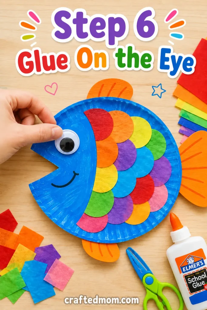 Easy Toddler paper plate rainbow fish craft - Step 6: Glue On the Eye