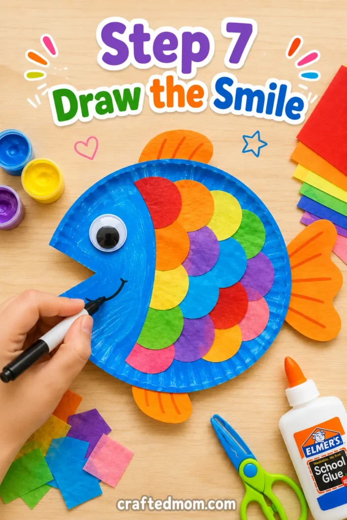 Easy Toddler paper plate rainbow fish craft Step 7: Draw the Smile