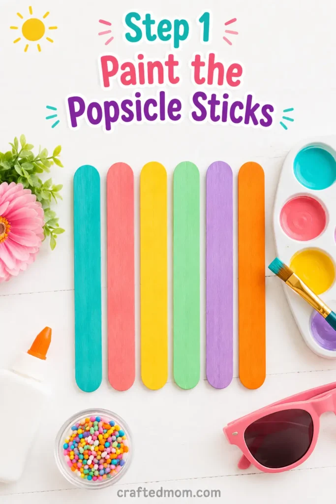 Easy summer paper plate ice cream cone craft for kids - Step 1: Paint the Popsicle Sticks
