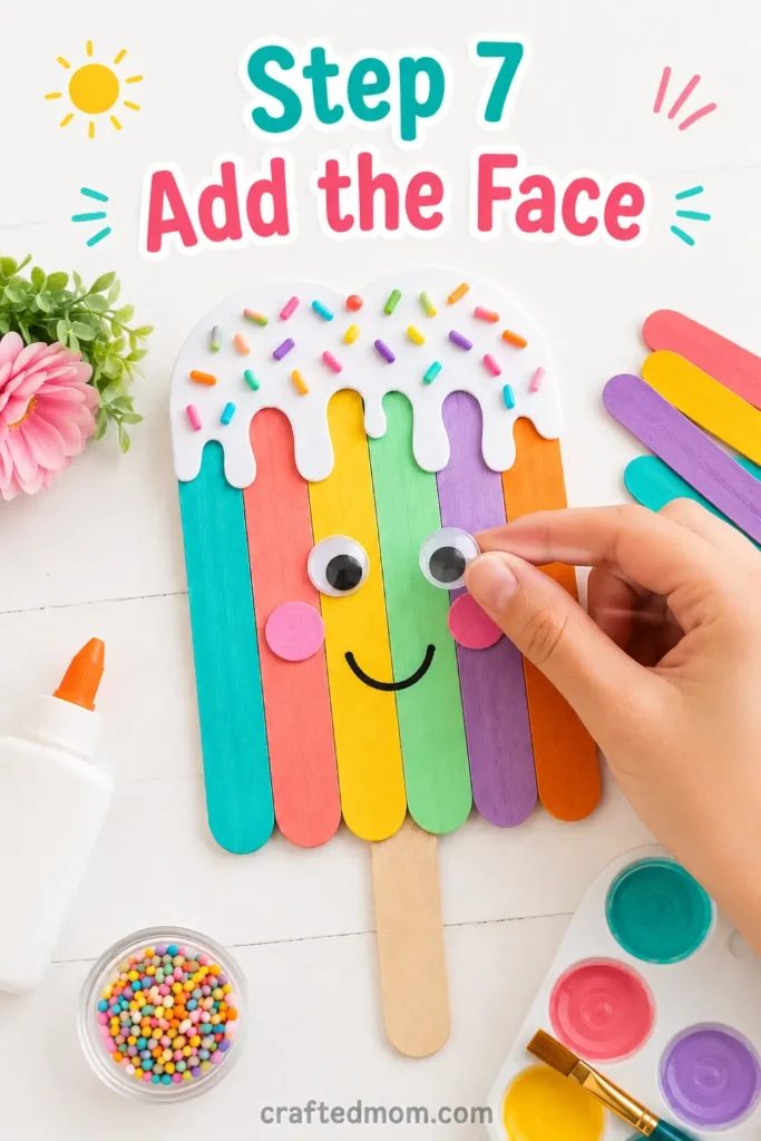 Easy summer paper plate ice cream cone craft for kids - Step 7: Glue on the Googly Eyes
