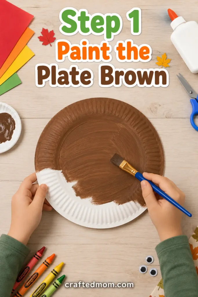 Easy thanksgiving paper plate turkey craft - Step 1: Paint the Plate Brown