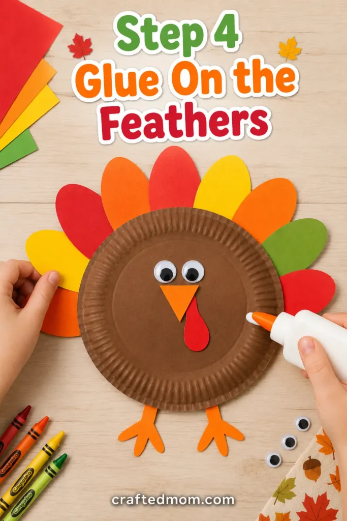 Easy thanksgiving paper plate turkey craft - Step 4: Glue On the Feathers
