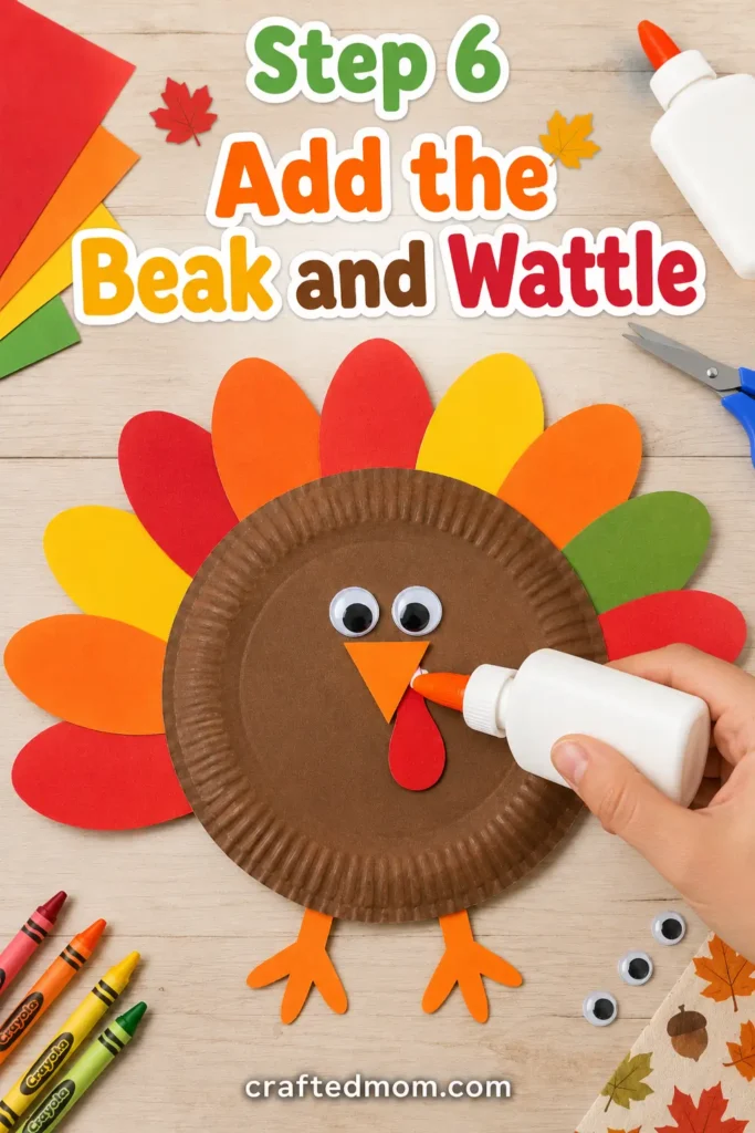 Easy thanksgiving paper plate turkey craft - Step 6: Add the Beak and Wattle