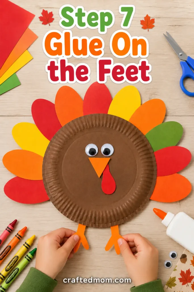 Easy thanksgiving paper plate turkey craft - Step 7: Glue On the Feet