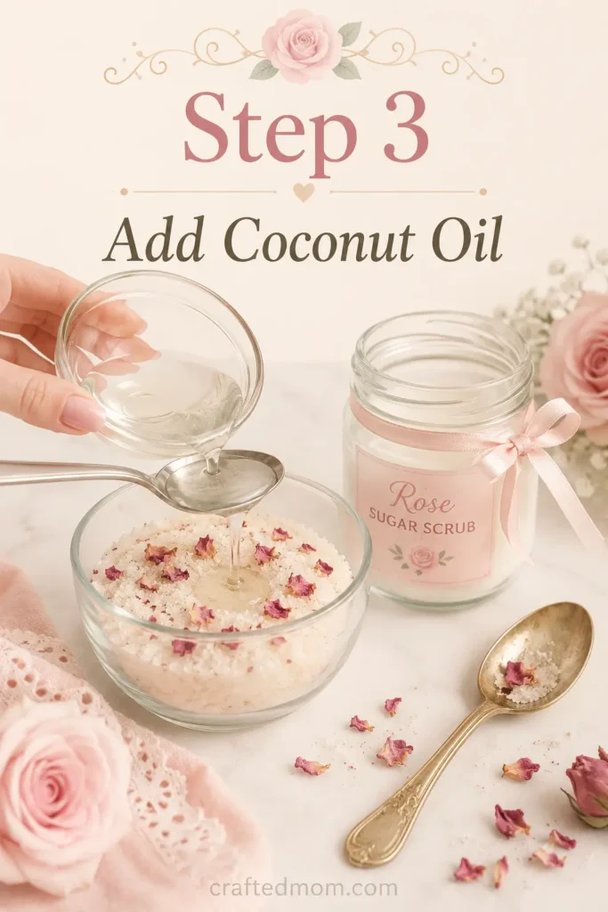 Handmade Gift DIY Rose Sugar Scrub Jar - Step 3: Add Coconut Oil