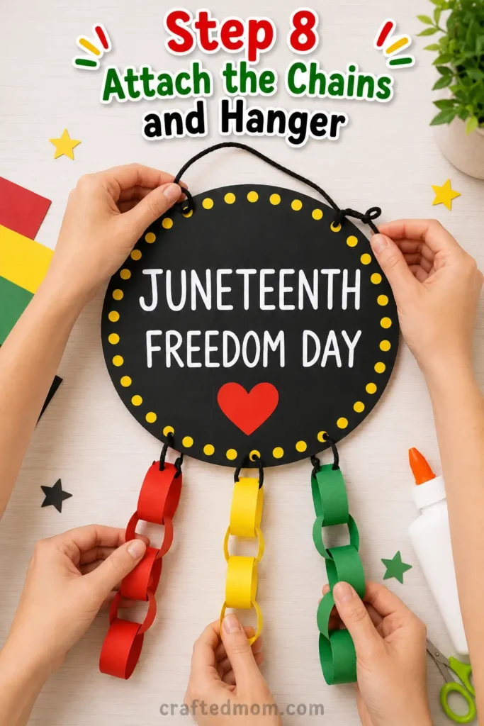 easy Juneteenth craft for kids - Step 8: Attach the Chains and Hanger