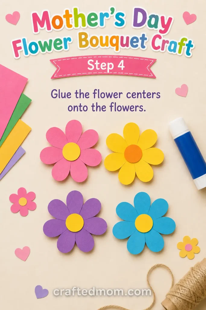 mothers day flower bouquet craft - Step 4: Glue the Flower Centers Onto the Flowers