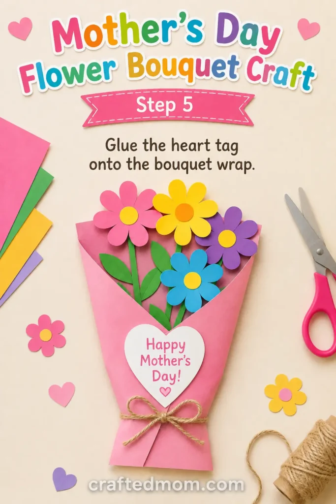 mothers day flower bouquet craft - Step 5: Glue the Heart Tag Onto the Bouquet Wrap