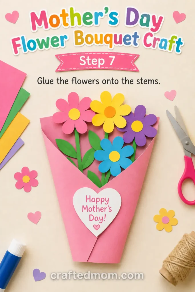 mothers day flower bouquet craft - Step 7: Glue the Flowers Onto the Stems