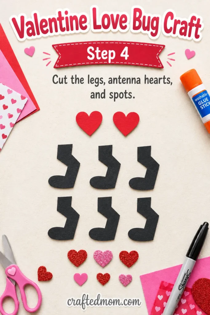 valentine love bug craft - Step 4: Cut the Legs, Antennae Hearts, and Spots