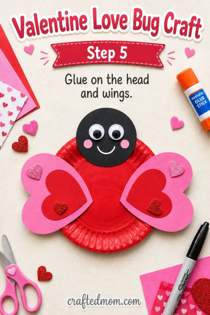 valentine love bug craft - Step 5: Glue on the Head and Wings
