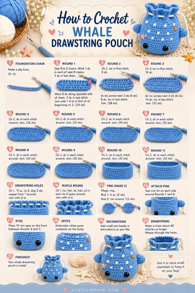How to Crochet the Whale Drawstring Pouch