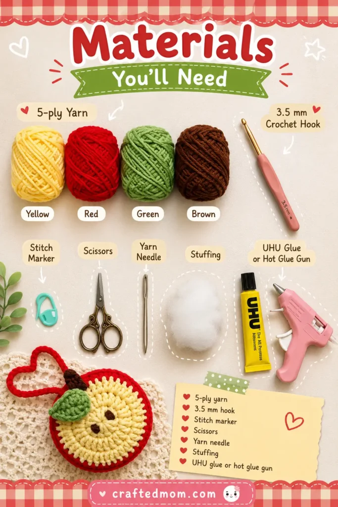 Apple Pouch Water Bottle Holder Crochet Pattern Materials You'll Need for Apple Pouch Water Bottle Holder Crochet Pattern