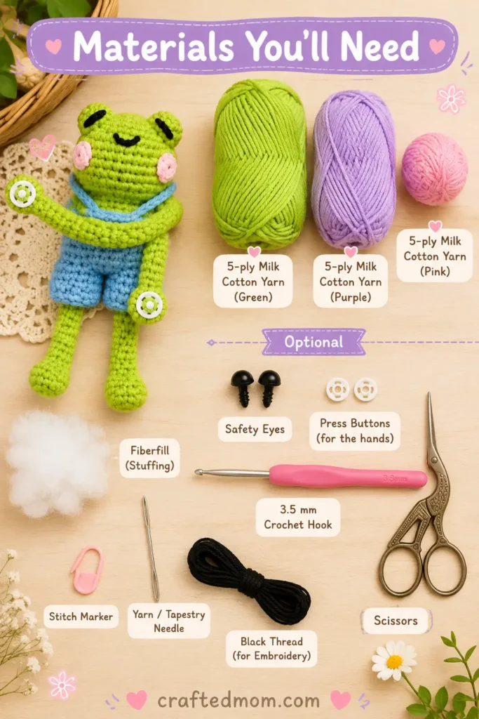 Dress Up Leggy Frog Bag Friend Crochet Pattern Materials You will Need - Dress Up Leggy Frog Bag Friend Crochet Pattern