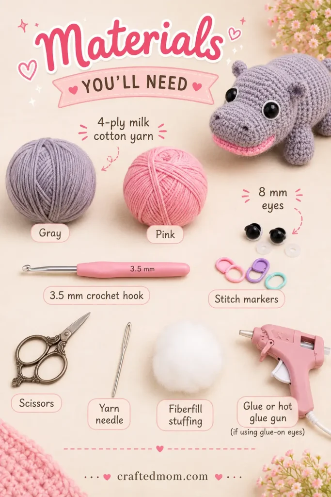 Moo Deng Baby Hippo Crochet Pattern Materials You will Need