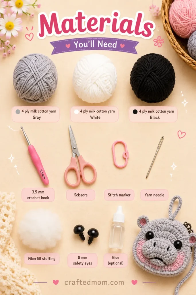 Moo Deng Hippo Pouch Crochet Pattern Materials You will Need