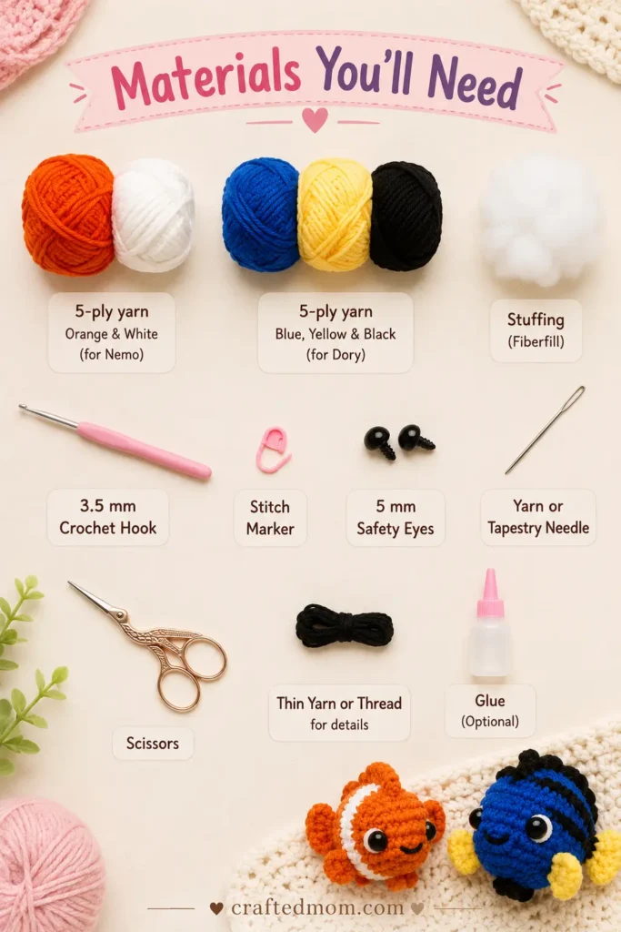 Nemo and Dory Fish Keychain Crochet Pattern Materials You will Need