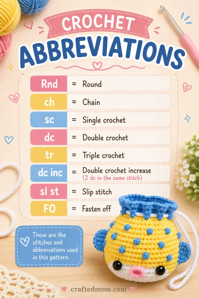Pufferfish Drawstring Pouch Crochet Pattern Crochet Abbreviations