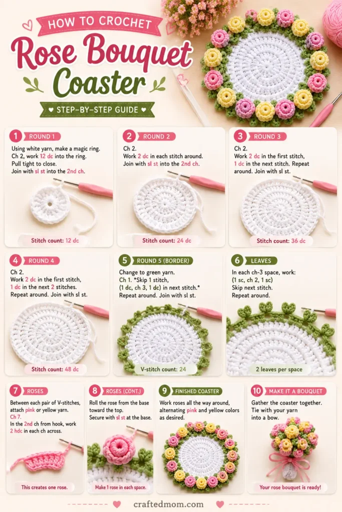 Rose Bouquet Coaster Crochet Pattern Rose Bouquet Coaster Crochet Pattern - How to Crochet the Rose Bouquet Coaster Crochet Pattern