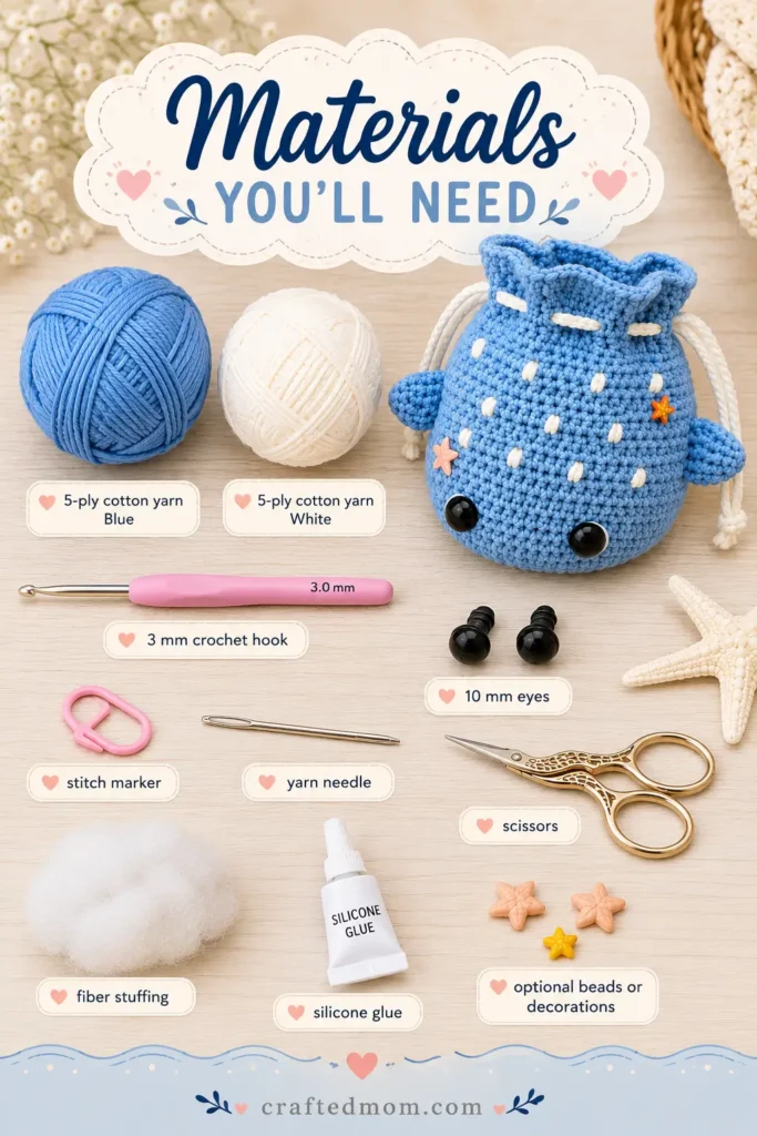 Whale Drawstring Pouch Crochet Pattern - Materials You will Need