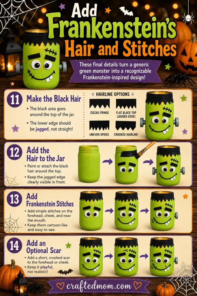 Add Frankensteins Hair and Stitches - Frankenstein Mason Jar Craft Easy Halloween Decoration