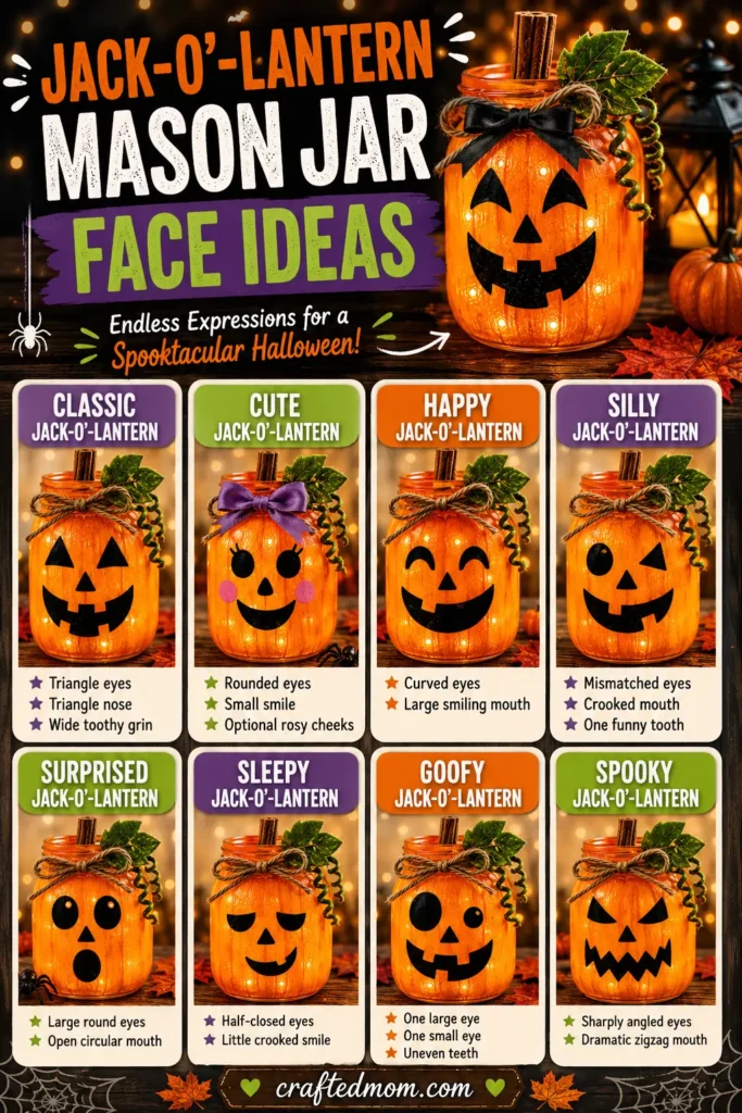 Jack-O-Lantern Mason Jar Face Ideas - Jack-O-Lantern Mason Jar Craft Easy Halloween Decoration