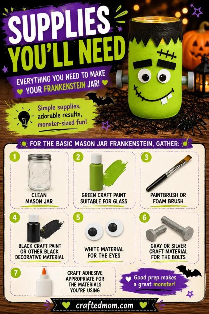 Supplies You will Need - Frankenstein Mason Jar Craft Easy Halloween Decoration